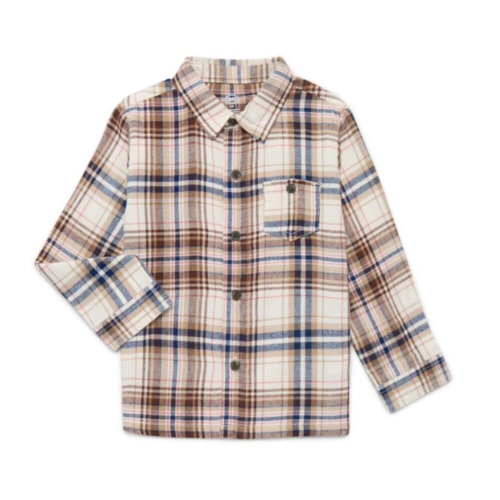 NEW Boys Sz 4 Toddler Brown Plaid Soft Flannel Button Up Shirt WONDER NATION